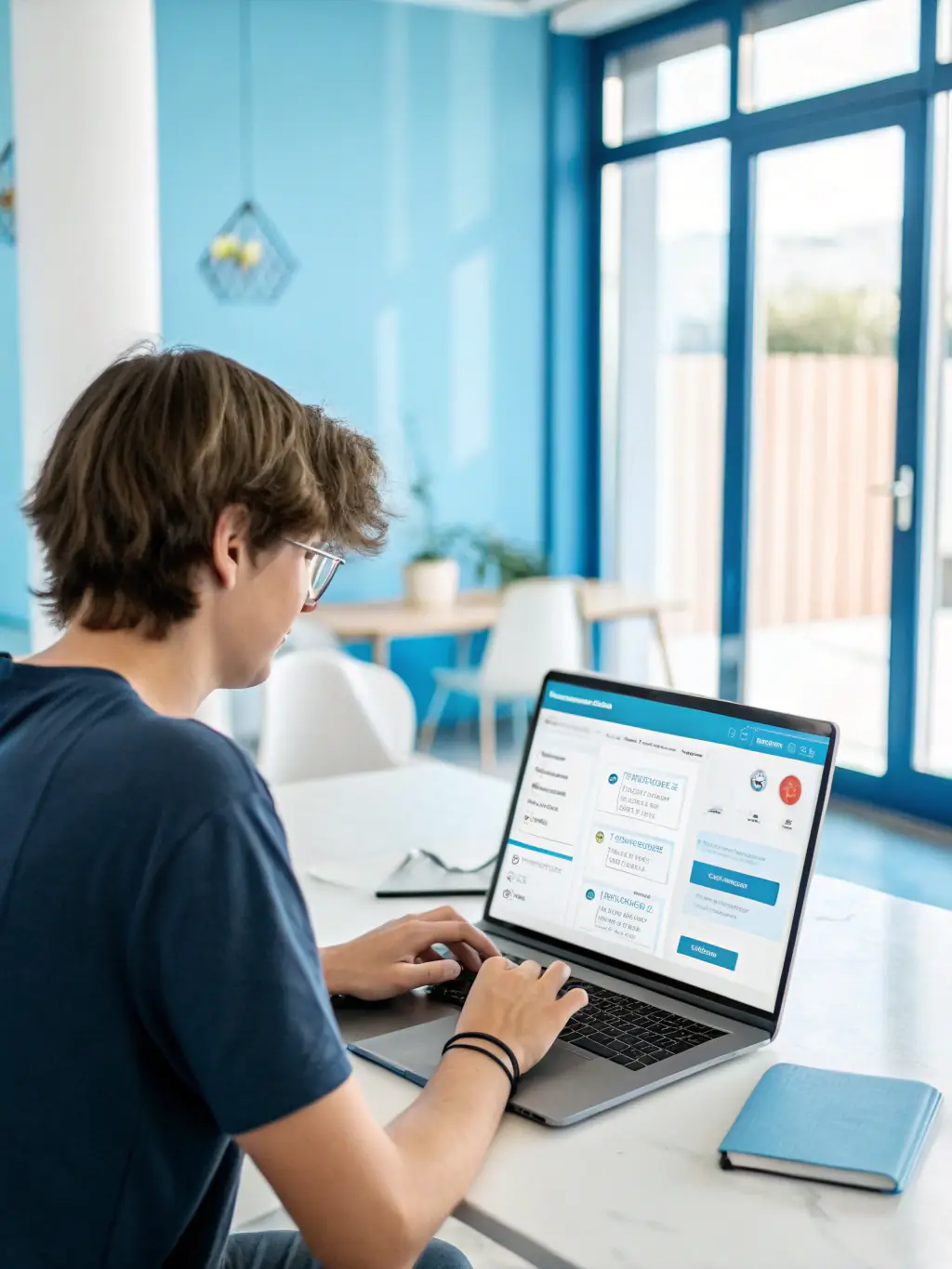 A focused individual using a digital calendar and task management app on a tablet, set against a backdrop of a modern, minimalist office to represent productivity coaching.