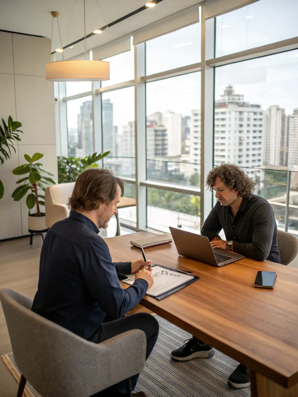A person making notes while listening attentively to a coach during a one-on-one session, in a comfortable and private office environment, representing personalised coaching.