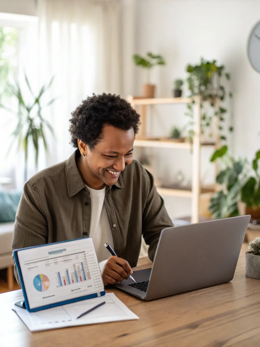 A person reviewing financial charts and graphs on a laptop, with a notepad and pen nearby, in a well-lit, professional home office setting, symbolizing financial planning.